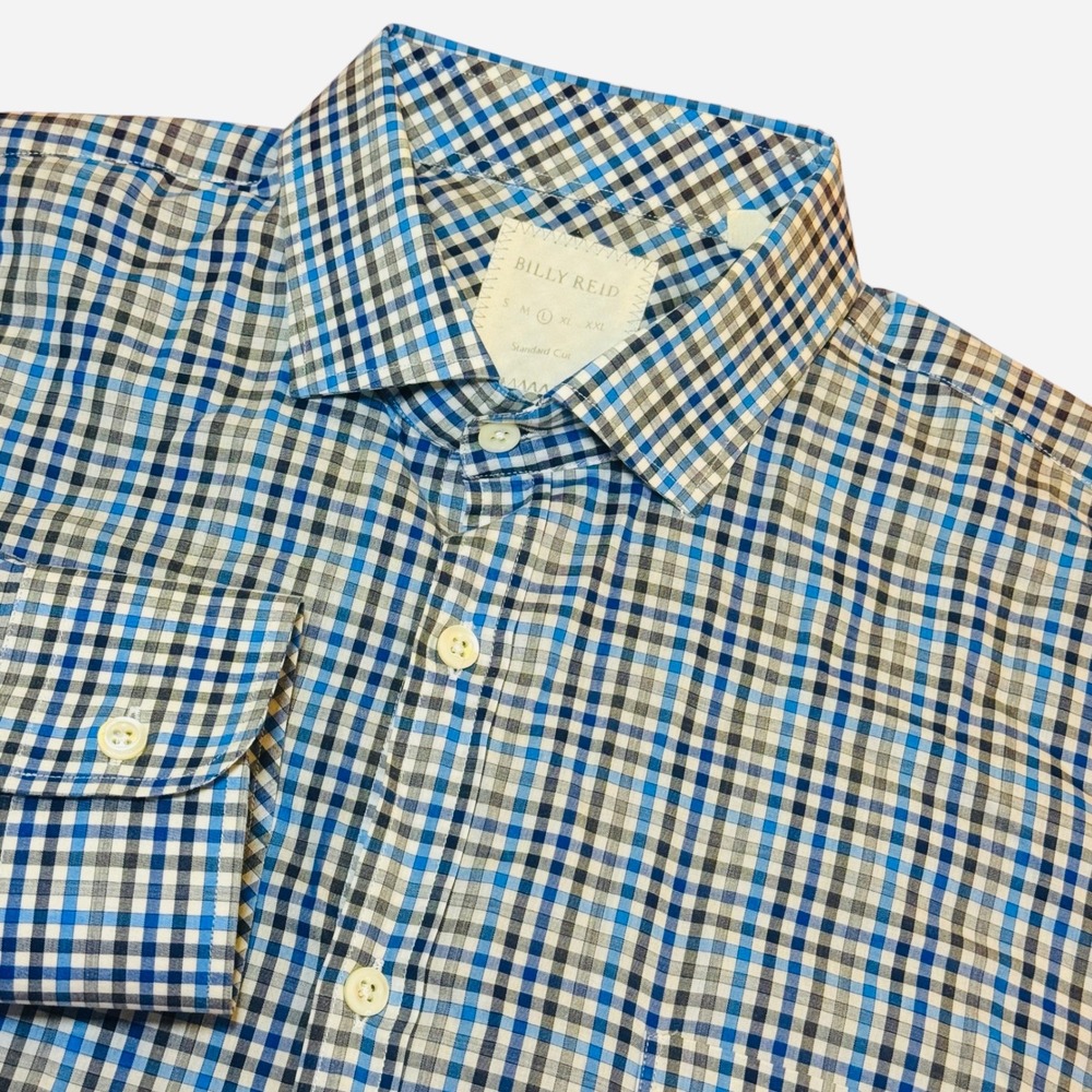 Billy Reid Mens L Blue Check Button Down Shirt Standard Cut Made in Italy L/S